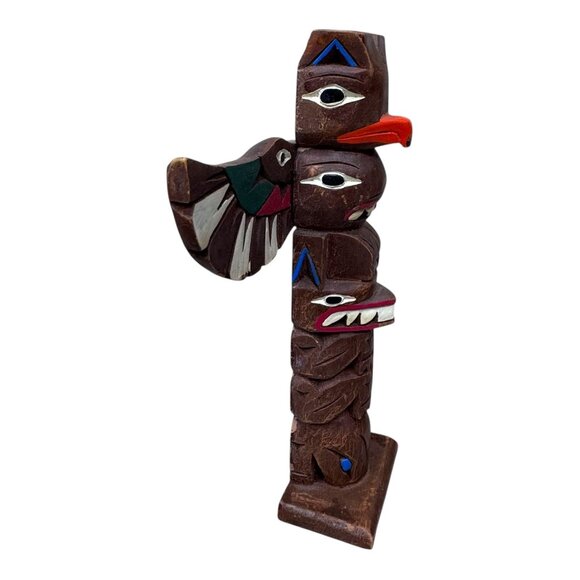 Carved Alaska Signed MM Coast Native Tribal Totem Pole Sculpture Handmade Art - Picture 7 of 8